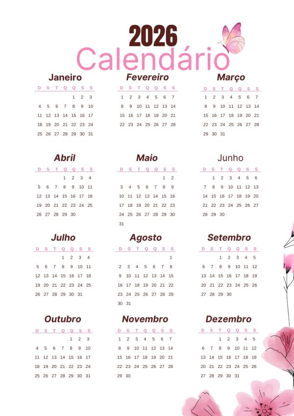 Calendário Floral 2026 5 modelos diferentes para baixar